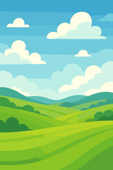 Summer landscape with green hills, fields, and meadows. Rural countryside scenery with blue sky and clouds. Natural valley background. Modern flat cartoon vector illustration.