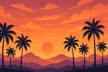 Fototapeta premium Tropical sunset landscape with silhouettes of palm trees and mountains. Panoramic paradise view. Exotic summer vacation background for travel design. Nature vector illustration.