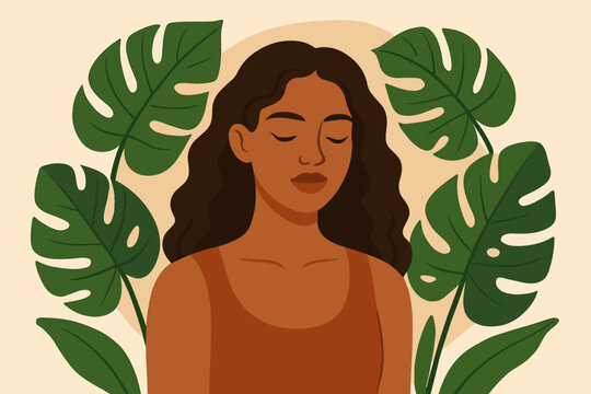 Serene woman with closed eyes surrounded by tropical monstera leaves. Natural beauty, self care, harmony with nature. Mental health and wellness concept. Modern flat vector illustration.