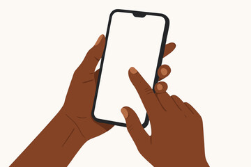 Hands of a black woman holding a smartphone with a blank screen for mockup. African American person using a mobile phone, finger touching the display. Modern flat vector illustration.