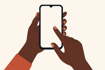 African American woman hands holding smartphone with a blank white screen. Black person touching mobile phone display. Modern flat vector illustration for technology app mockup.