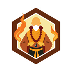 Warrior monk with glowing prayer beads in fire stance Vector illustration