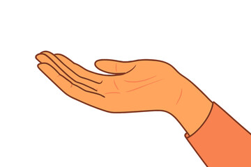 Empty woman's hand holding, giving or receiving something. Open palm gesture for charity, help or support. Modern flat vector cartoon illustration isolated on white. Mockup.