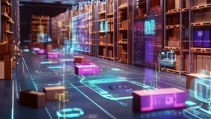 A futuristic warehouse with cardboard boxes and a hightech digital interface on the floor enhancing operations - Powered by Adobe