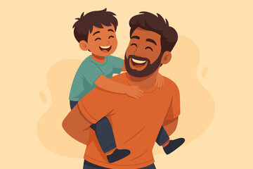 Happy Indian father giving son a piggyback ride. Joyful family bonding concept for Father's Day. Cheerful parent and child playing together. Modern flat vector cartoon illustration.