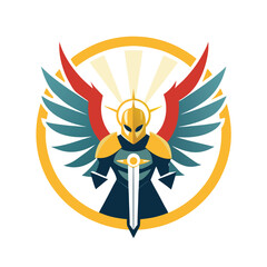 Angelic warrior with glowing sword and steel wings in divine light Vector illustration