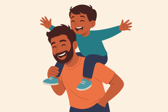 Smiling Indian father carrying his son on shoulders. Happy family, parent and child bonding. Fatherhood, parenthood and Father's Day concept. Modern flat vector cartoon illustration.