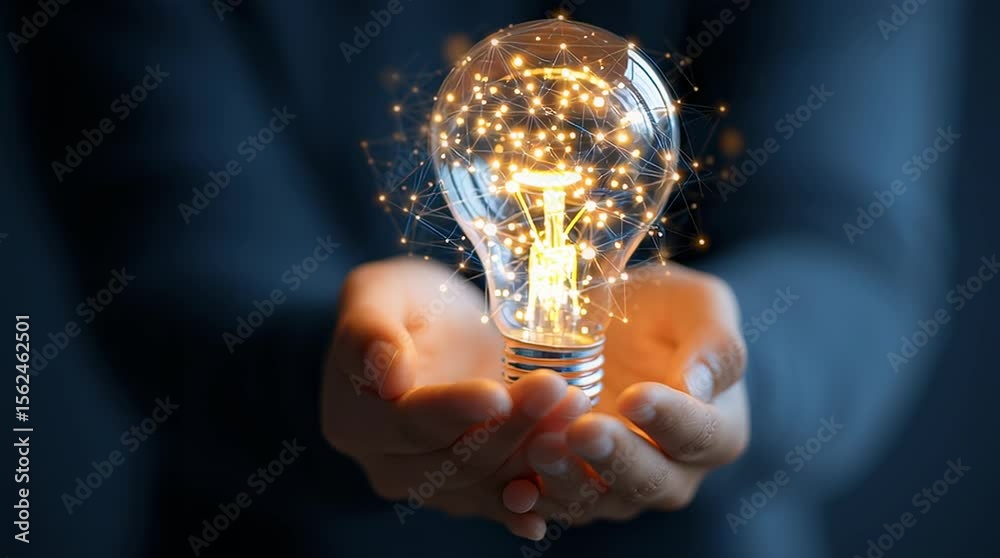 Poster glowing lightbulb with network connections held in hands