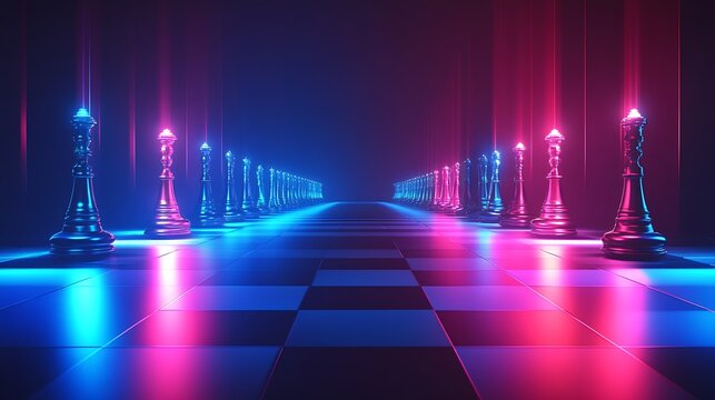 Neon chess pieces on checkerboard surface glowing blue and pink futuristic strategy concept background