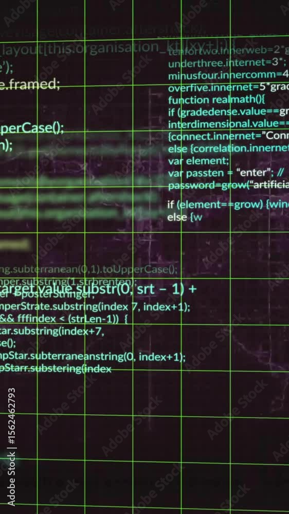 Poster animation of grid pattern and computer language over black background
