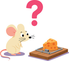 Mouse hesitating near cheese on wooden mousetrap with question mark vector illustration 