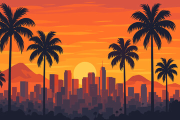 Vibrant Sunset Over American City Skyline With Palm Trees, Mountains Silhouette, Urban Metropolis Panorama, Tropical Evening, Golden Hour, Modern Downtown, Summer Vacation Destination Illustration
