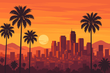 Vibrant sunset cityscape with palm trees, modern skyscrapers, and distant mountains. Urban metropolis skyline in tropical America. Panoramic evening view, dramatic orange sky, summer vacation vibe