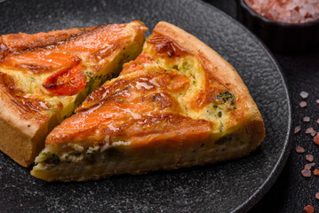 Quiche, salmon pie, broccoli, cheese. Quiche tart with fish and vegetables, cheese
