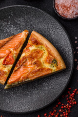 Quiche, salmon pie, broccoli, cheese. Quiche tart with fish and vegetables, cheese