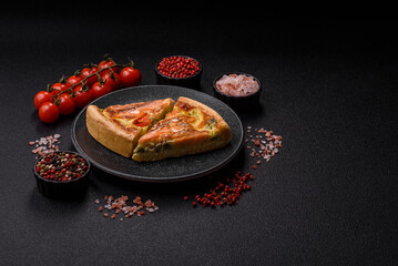 Quiche, salmon pie, broccoli, cheese. Quiche tart with fish and vegetables, cheese