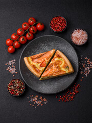 Quiche, salmon pie, broccoli, cheese. Quiche tart with fish and vegetables, cheese
