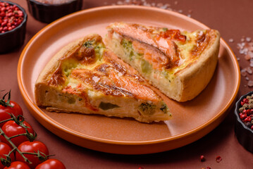 Quiche, salmon pie, broccoli, cheese. Quiche tart with fish and vegetables, cheese