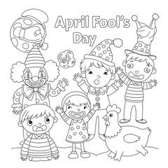 Happy children celebrating april fools day with clowns and a chicken isolated on transparent background