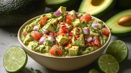 A creamy bowl of guacamole garnished with diced tomatoes, red onions, and a sprinkle of chili flakes, surrounded by fresh avocados and lime slices.