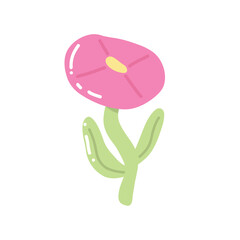 Cute illustration of an unusual pink flower with green long leaves. Decorative elements and soft pastel colors create a romantic mood.