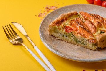 Quiche, salmon pie, broccoli, cheese. Quiche tart with fish and vegetables, cheese