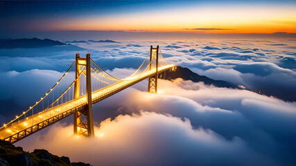 A beautifully lit golden suspension bridge extends over a vast expanse of fluffy white clouds, with majestic mountains visible in the distance under a dramatic sunset sky. This ethereal landscape evok