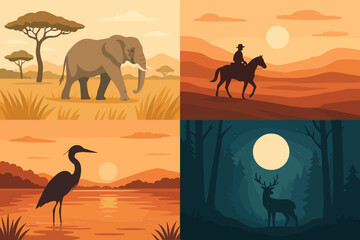 Naklejka premium Wild Nature Landscape Vector Set, African Elephant in Savannah, Cowboy on Horse in Desert, Heron at Sunset Lake, Deer in Night Forest, Scenic Wildlife Silhouettes, Adventure Travel Concept