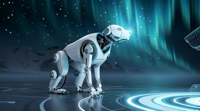 Robot Dog Meets Hologram Canine Futuristic Encounter