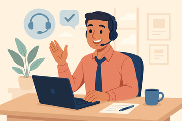 Customer support representative working remotely at office desk with headset, laptop, coffee, call center communication, online service, help desk, technical assistance, business concept illustration