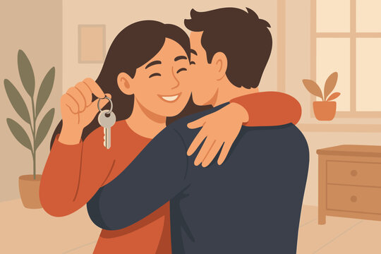 Happy couple embracing and celebrating new home, woman holding house keys, modern flat vector illustration, first time homeowners, moving in, real estate, property ownership, cozy interior