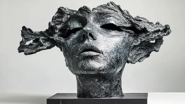 A black and white sculpture of a woman 's head