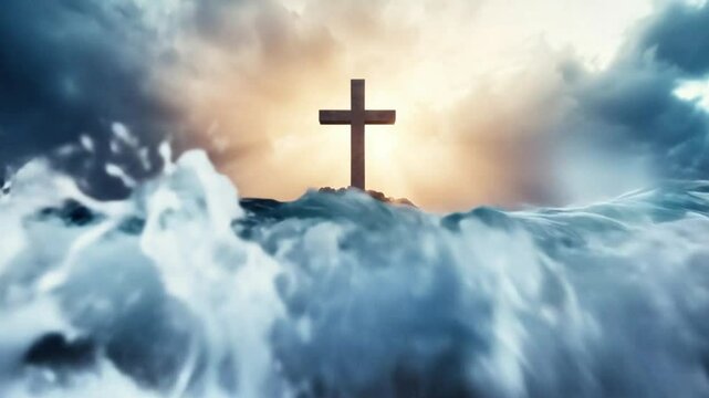 Dramatic cross on rocky island, powerful waves crashing around, symbolizes faith and hope in turbulent times, ideal for inspirational themes.
