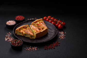 Quiche, salmon pie, broccoli, cheese. Quiche tart with fish and vegetables, cheese