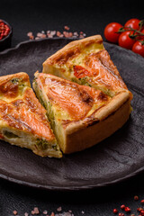 Quiche, salmon pie, broccoli, cheese. Quiche tart with fish and vegetables, cheese