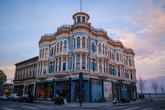 Elegant historic building with ornate details at sunset in , Port Townsend, Washington, April 19, 2019