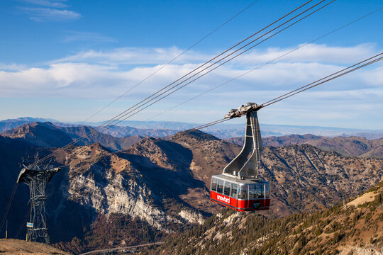 Snowbird tram ascending over scenic mountain landscape in utah, October 11, 2019