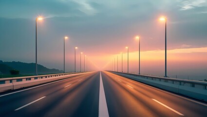 Obraz premium Infinite Highway: Illuminated Path Towards Dawn's Horizon and Endless Journeys