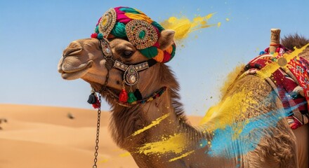 A camel in the desert wearing a colorful headdress and ornate bridle with yellow and blue paint splatters