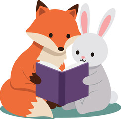 Fox and rabbit reading book together cute friendly animal illustration vector 