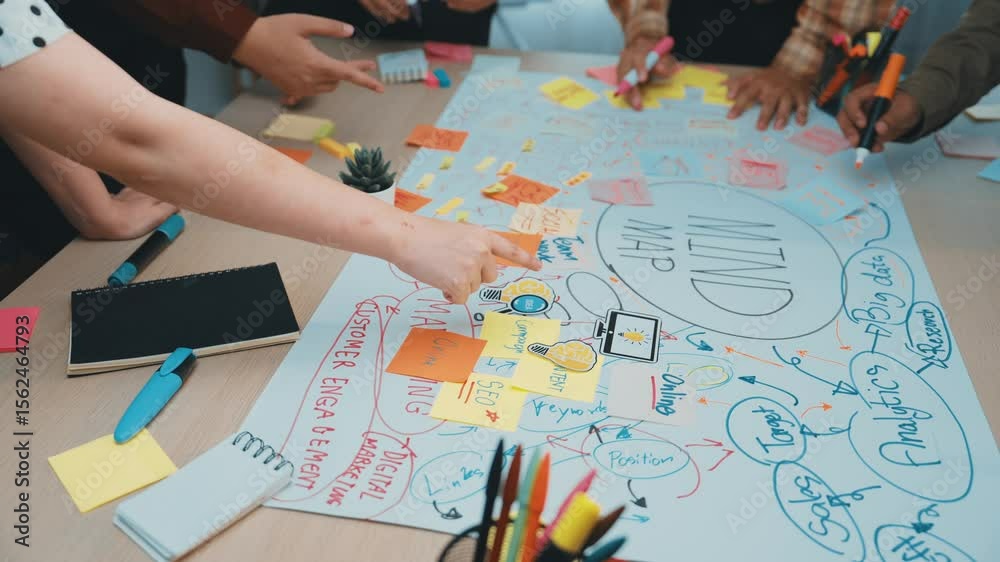 Poster a dynamic scene featuring hands engaged in a brainstorming session, utilizing colorful sticky notes 