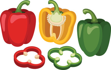 Set of colorful vector illustration of healthy red, yellow, and green bell peppers, perfect fresh diet ingredients Vector illustration