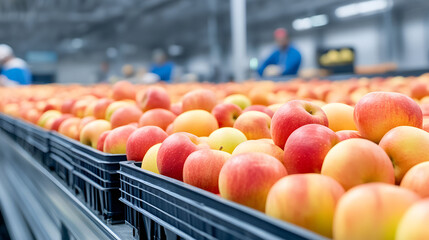 Fresh apples in black crates are neatly arranged on shelves in a modern warehouse, showcasing vibrant colors and textures, highlighting agricultural abundance and quality produce