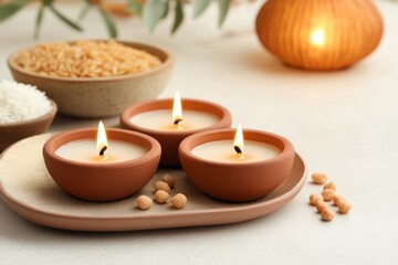 Diyas on Tray. Three clay diyas with flickering flames arranged on a tray, surrounded by rice and lentils, creating a warm and inviting ambiance for festive celebrations