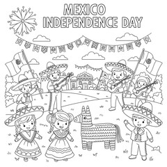Children celebrate mexico independence day with music and pinata isolated on transparent background