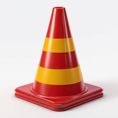 Bright red traffic cone with yellow reflective stripes isolated on white background