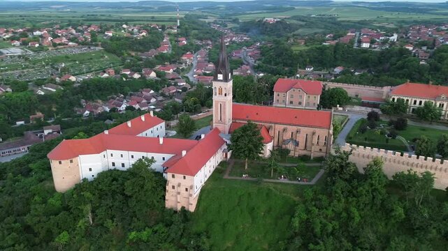 The drone sunset view to the Ilok castle and  Danube river