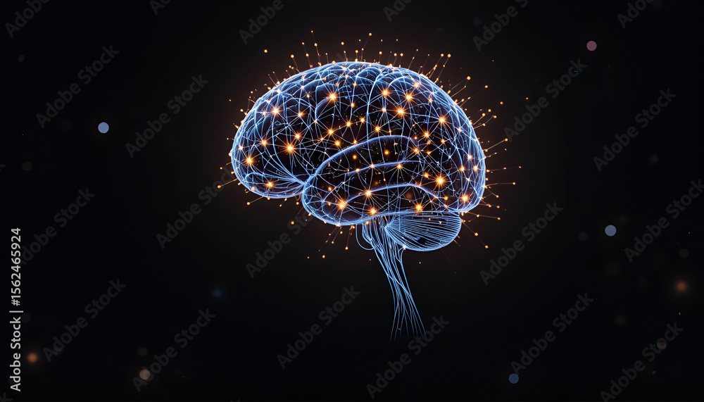 Poster a digital brain with glowing connections represents artificial intelligence and neural networks in t