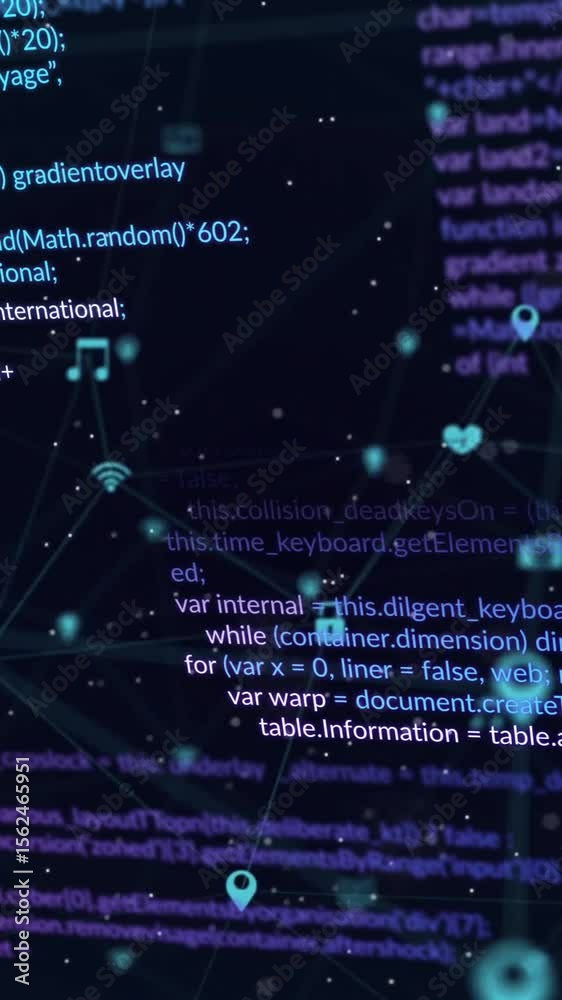 Poster animation of networks of connections, data processing and ai icons