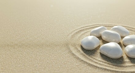 Obraz premium Clean white stones set against a textured sandy background for a minimalist aesthetic. Copy space